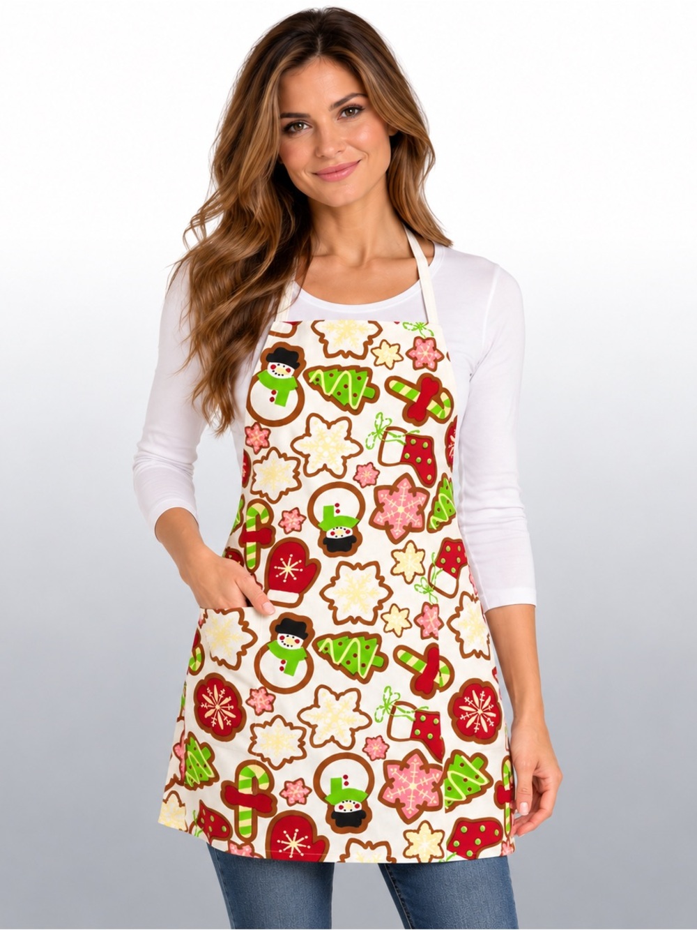 Vintage Christmas Holiday Apron Gingerbread Snowman Cookie Print Unbranded